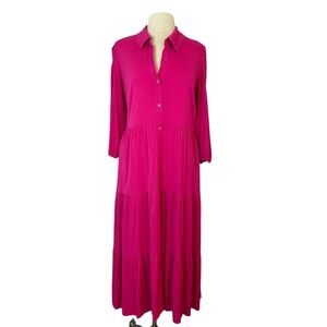 Crown & Ivy Tiered Midi Shirtdress Women's XL Pink Challis Flowy Boho Vacation